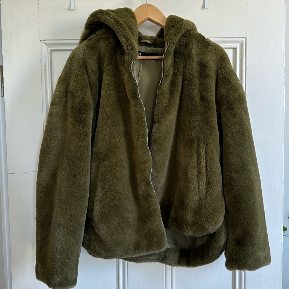 green cropped fur jacket